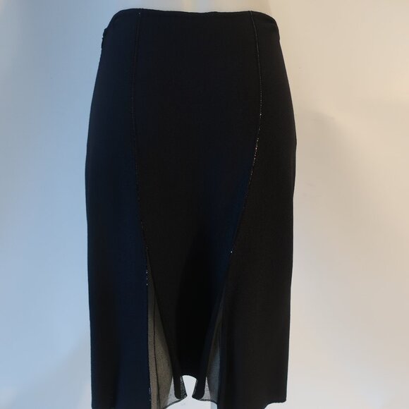 Womens St. John Evening Black Sequin Mixed Media Mesh Knit A-Line Skirt 12 - Picture 10 of 13